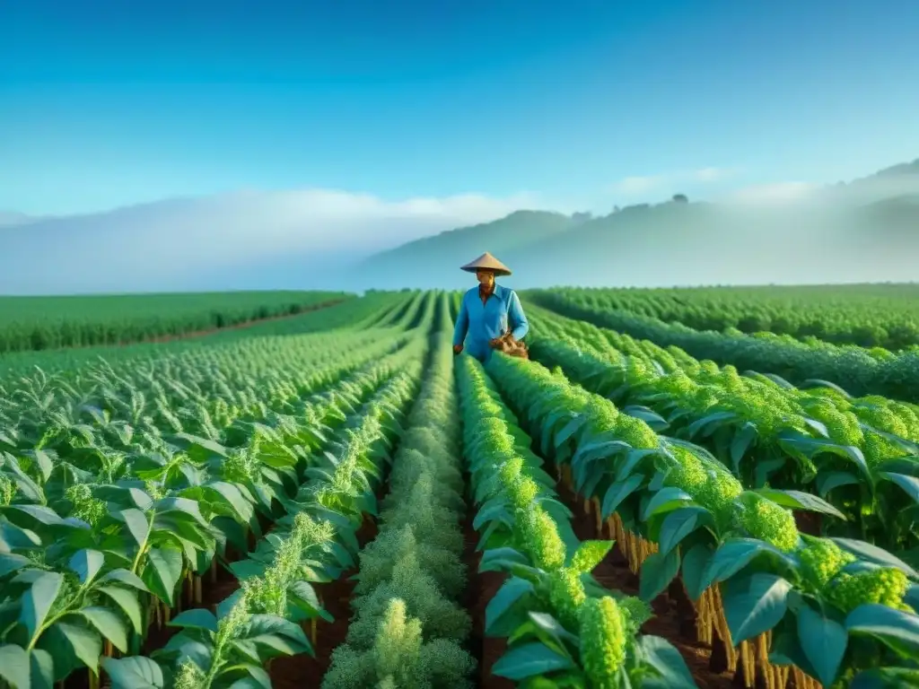 Un campo de quinua exuberante y vasto bajo un cielo azul claro