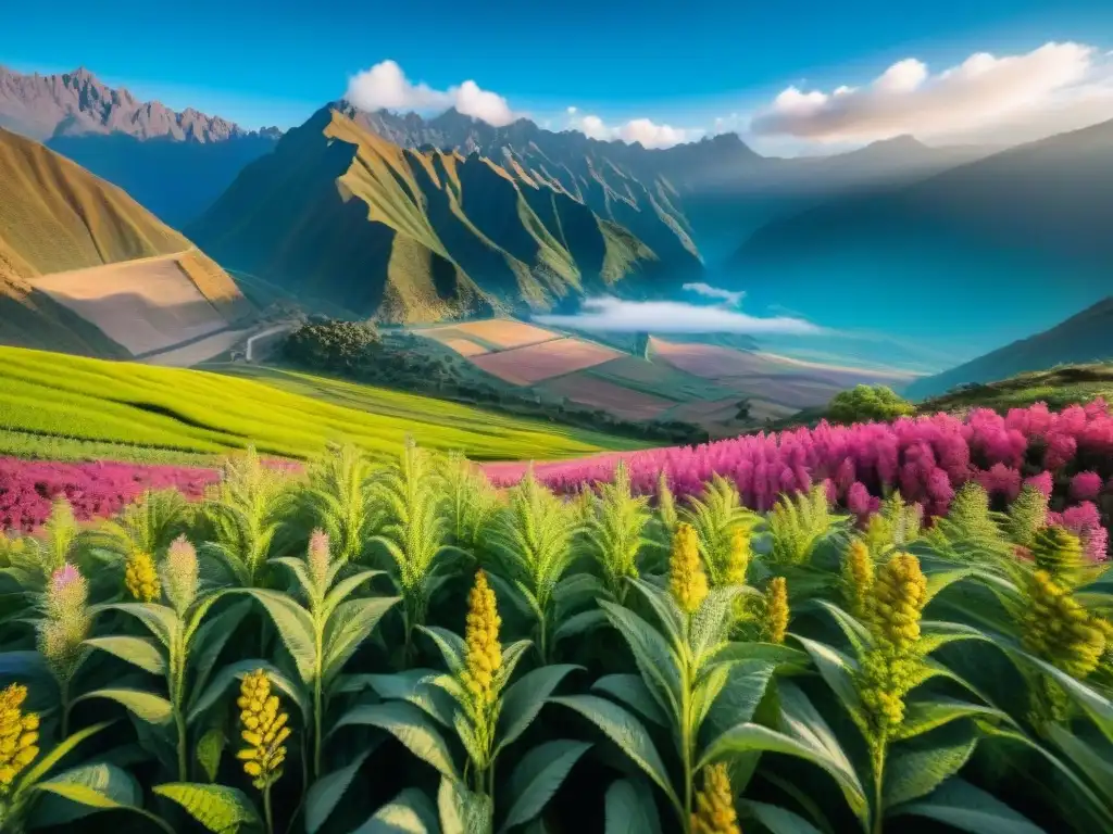 Campo de quinua en los Andes, con sus patrones vibrantes y floración delicada