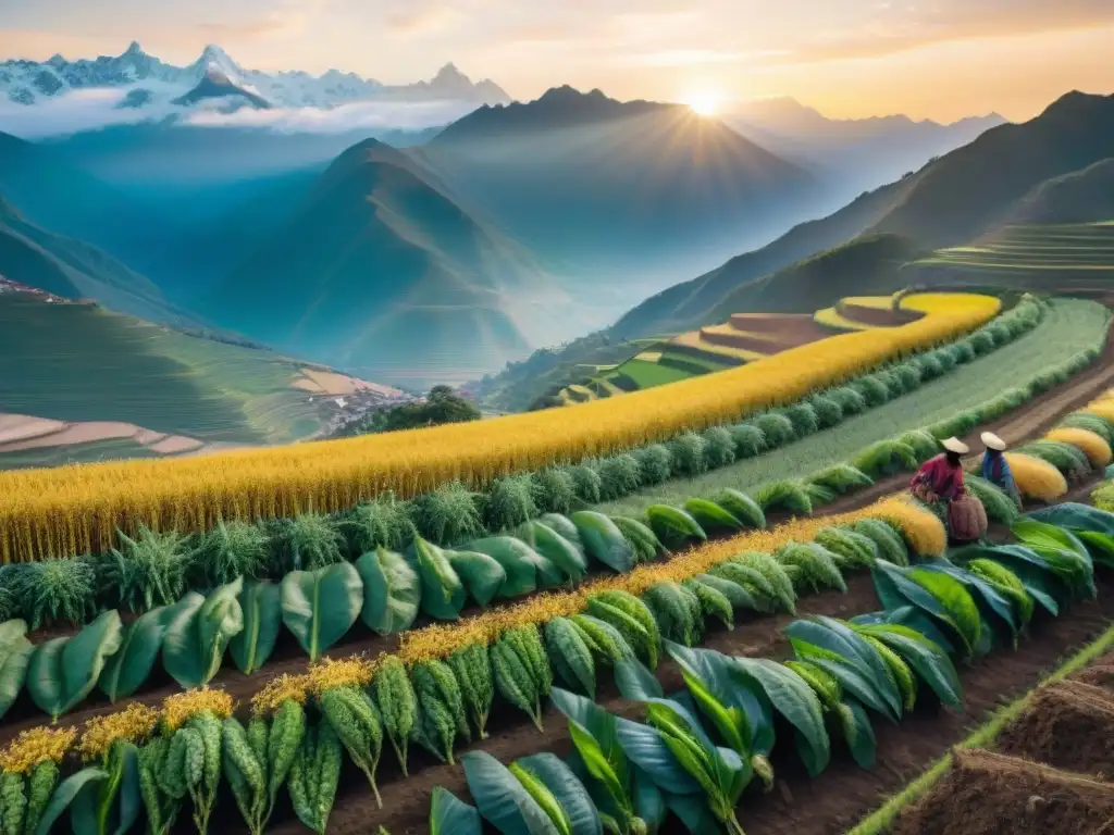 Campo de quinua peruana en los Andes, destacando la agricultura sostenible y el impacto ambiental de los super alimentos peruanos