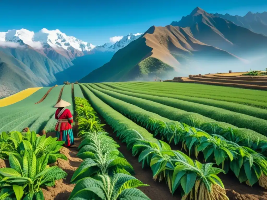 Campo de quinua peruana con gran detalle, agricultores indígenas y montañas andinas, resaltando los beneficios de la quinua peruana