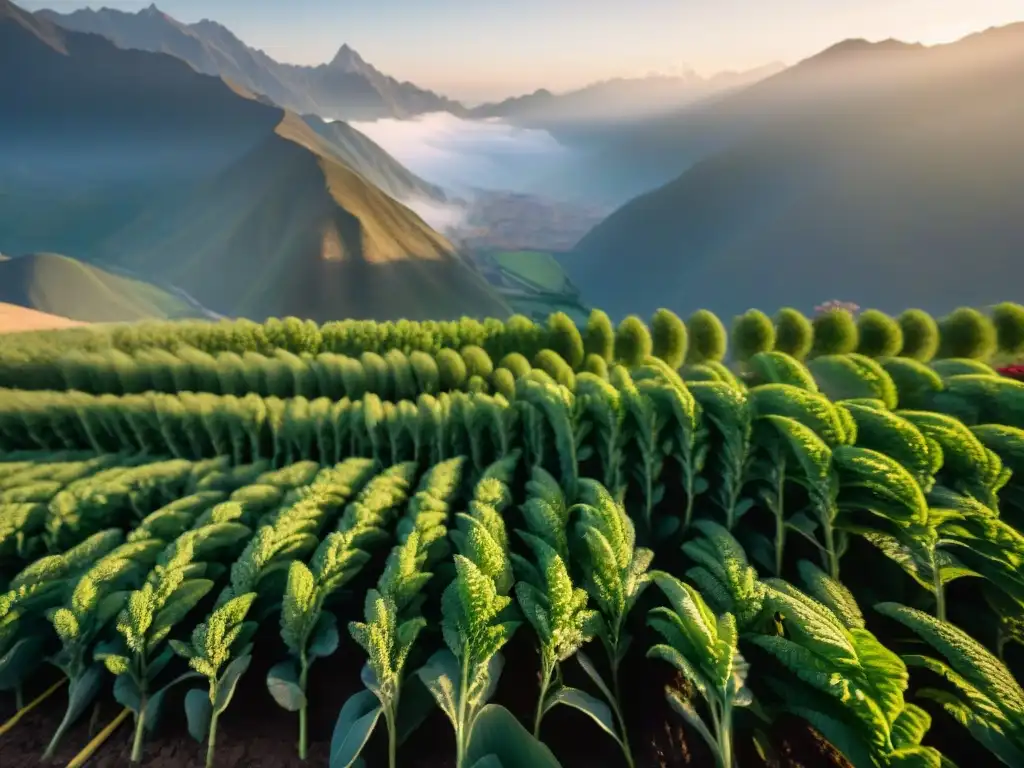 Un campo de quinua peruana bajo la luz dorada del amanecer, rodeado de imponentes montañas andinas