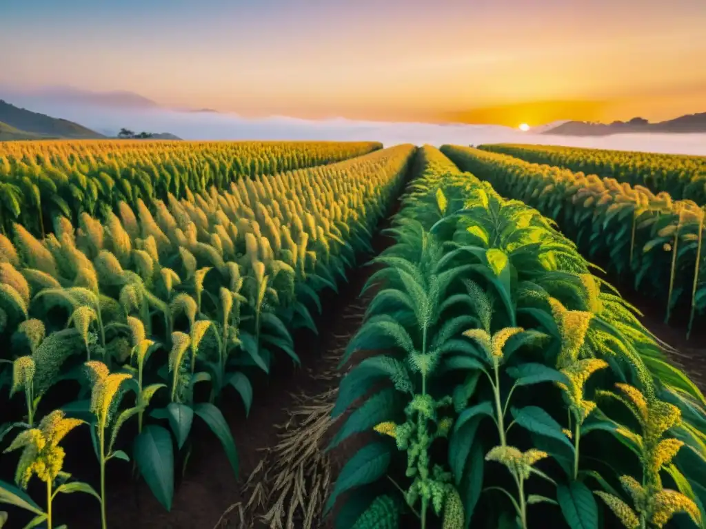 Un campo de quinua peruana vibrante al atardecer, listo para cosechar