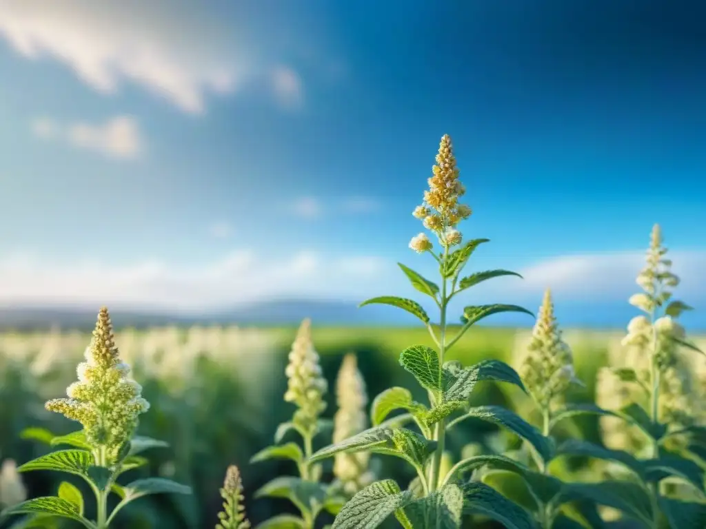 Un campo de quinua bajo el sol, resaltando su belleza y beneficios, mostrando su impacto ambiental positivo