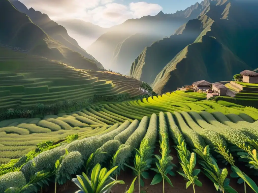 Un campo de quinua en Perú al amanecer, con el sol dorado proyectando sombras largas de las montañas