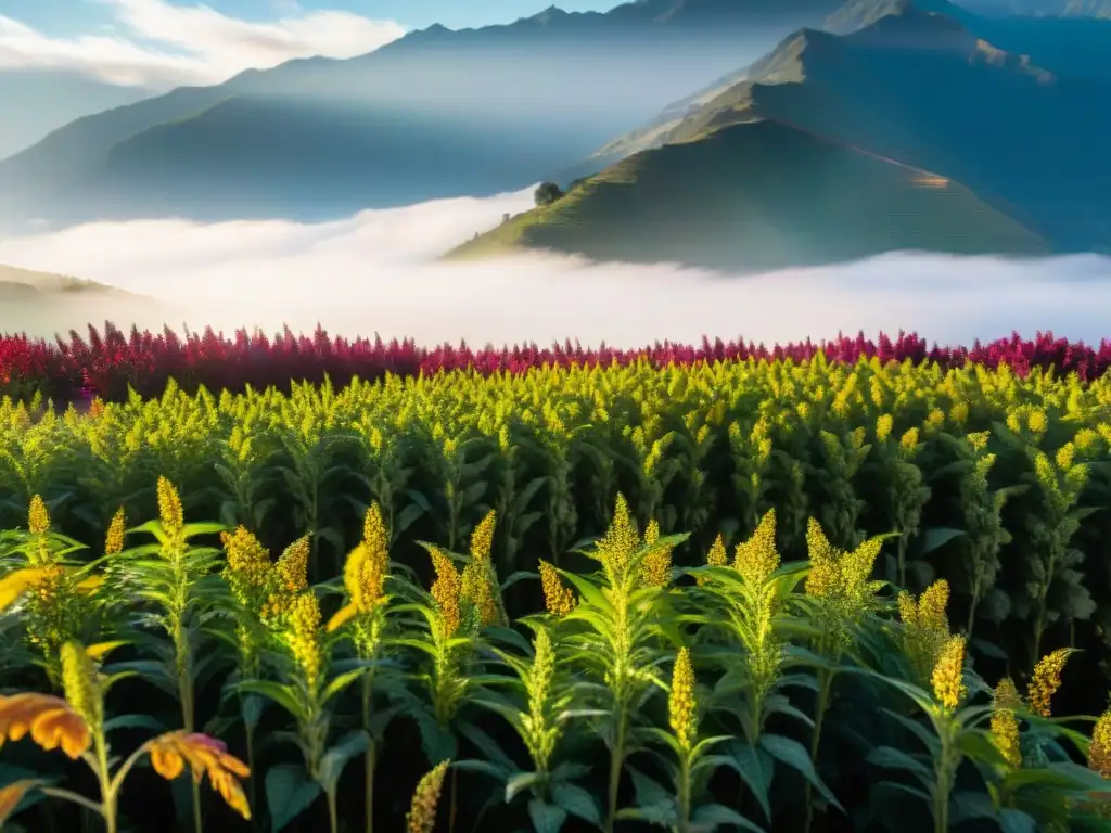 Campo de quinua vibrante en los Andes: beneficios supergranos andinos sostenibilidad
