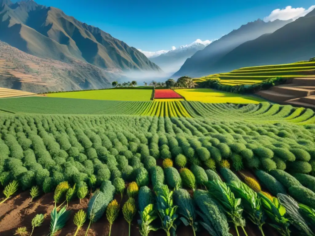 Un campo de quinua vibrante, cultivado por agricultores indígenas en armonía con los Andes