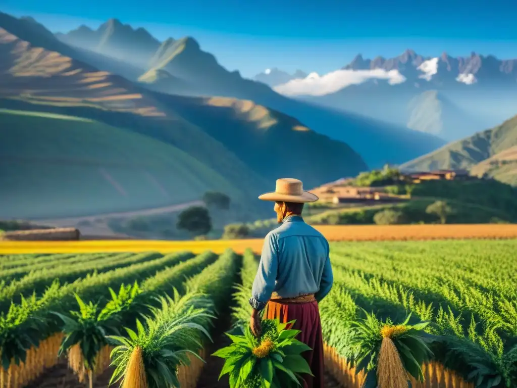 Un campo de quinua vibrante y exuberante se extiende hasta el horizonte, cosechado por un agricultor andino