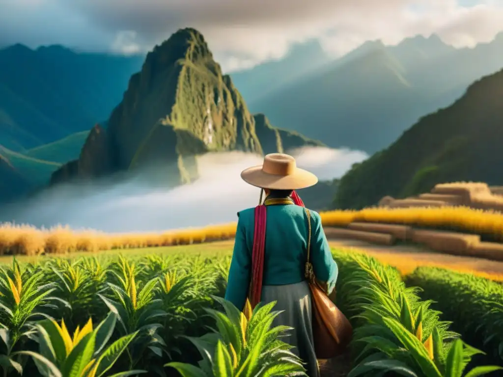 Un campo de quinua vibrante bajo el sol, con agricultores indígenas cuidando los cultivos en los Andes