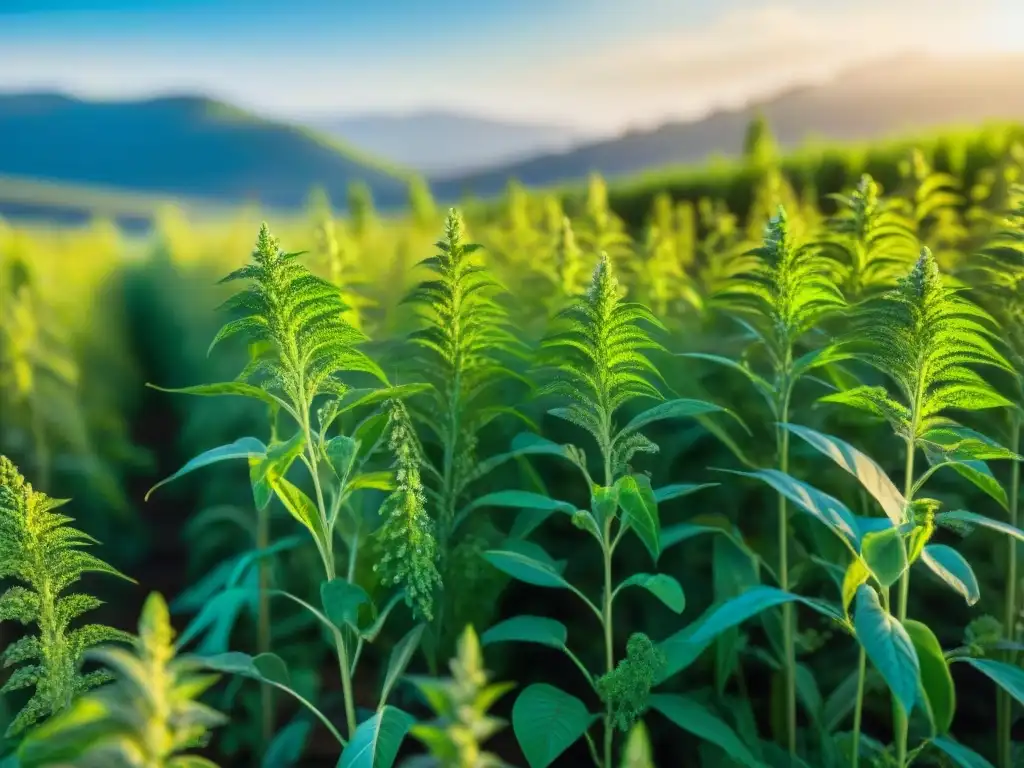 Un campo de quinua vibrante y verde bajo el cielo azul, con plantas delicadas meciéndose suavemente en el viento