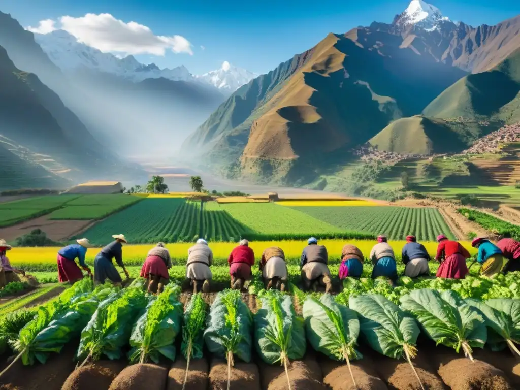 Un campo en el Valle Sagrado donde agricultores locales cosechan productos orgánicos, resaltando la conexión con los Andes