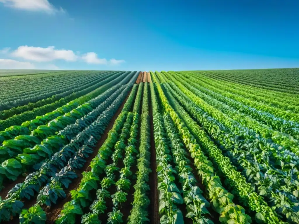 Un campo verde exuberante con cultivos vibrantes y una comunidad rural al fondo