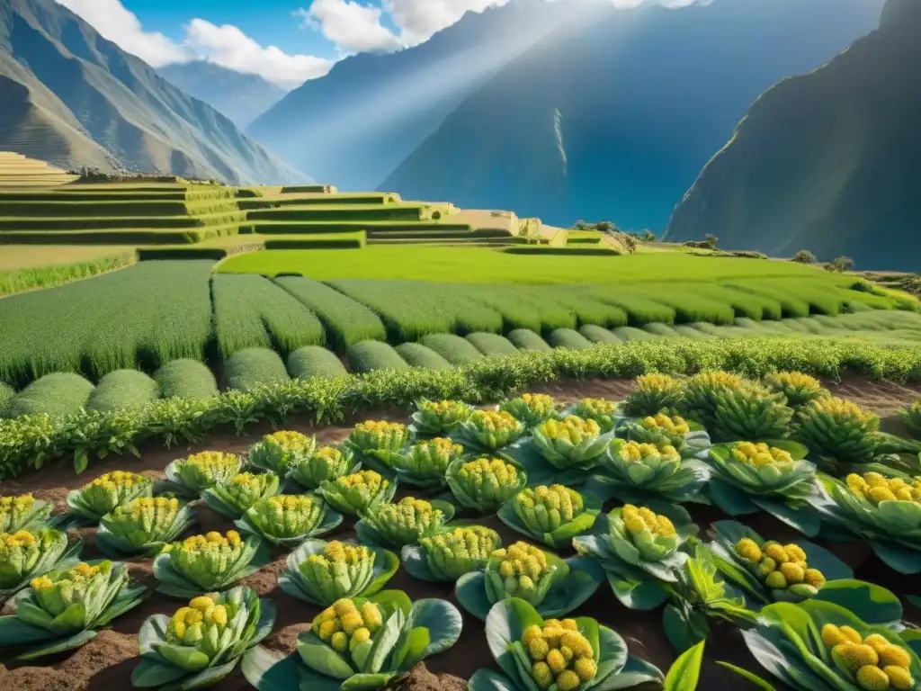 Un campo verde exuberante en los Andes peruanos con cultivos de kiwicha bajo el sol brillante, mostrando los beneficios de este superalimento peruano