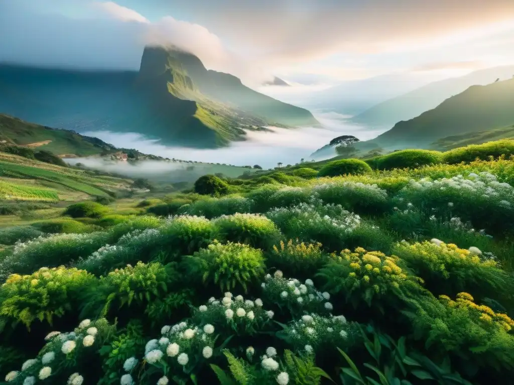 Un campo verde exuberante con plantas de Hierba Luisa brillantes y saludables al amanecer