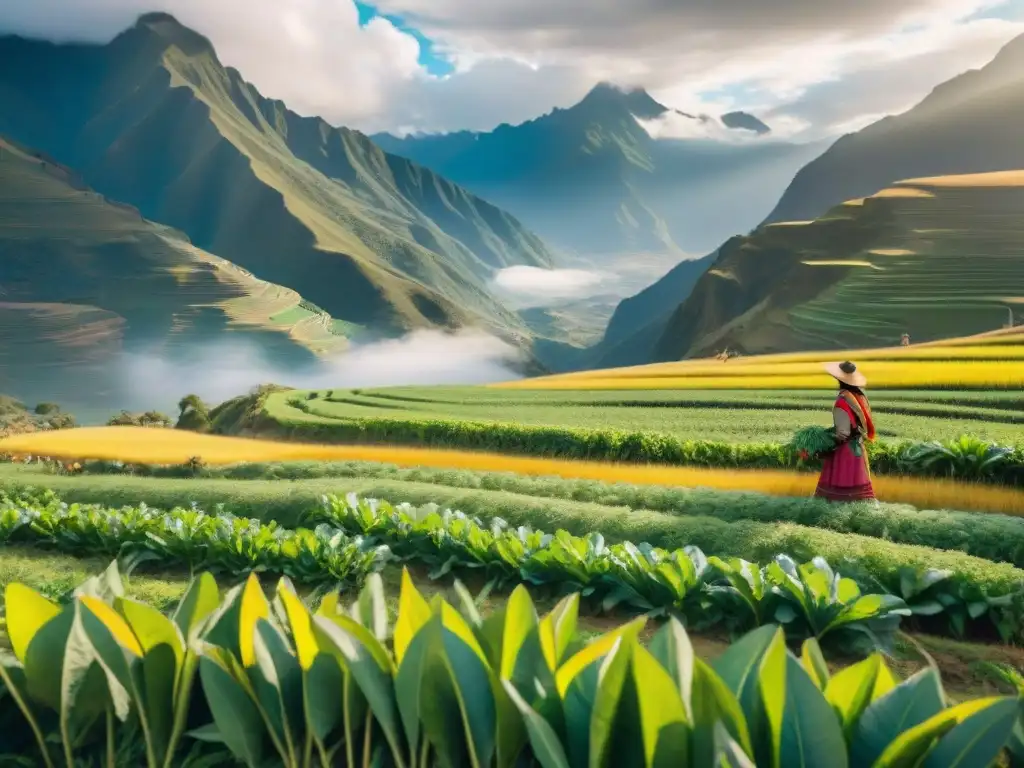 Campo verde en los Andes peruanos con kiwicha vibrante bajo el sol