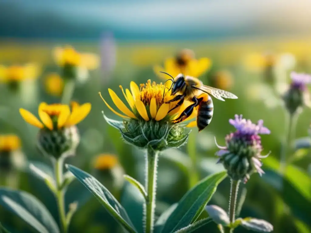 Un campo vibrante de flores silvestres con abejas y mariposas, destacando la importancia de los polinizadores en la agricultura sostenible