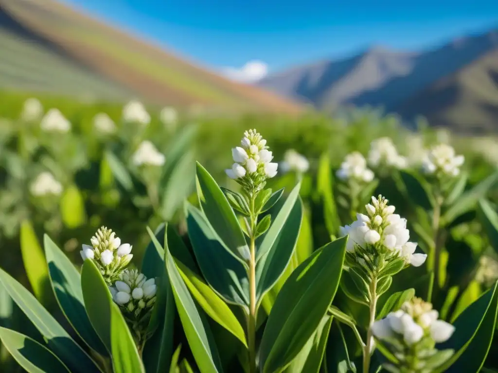 Campo de cañihua: detalle natural y vibrante en los Andes Campo vibrante de cañihua en el viento bajo cielo azul