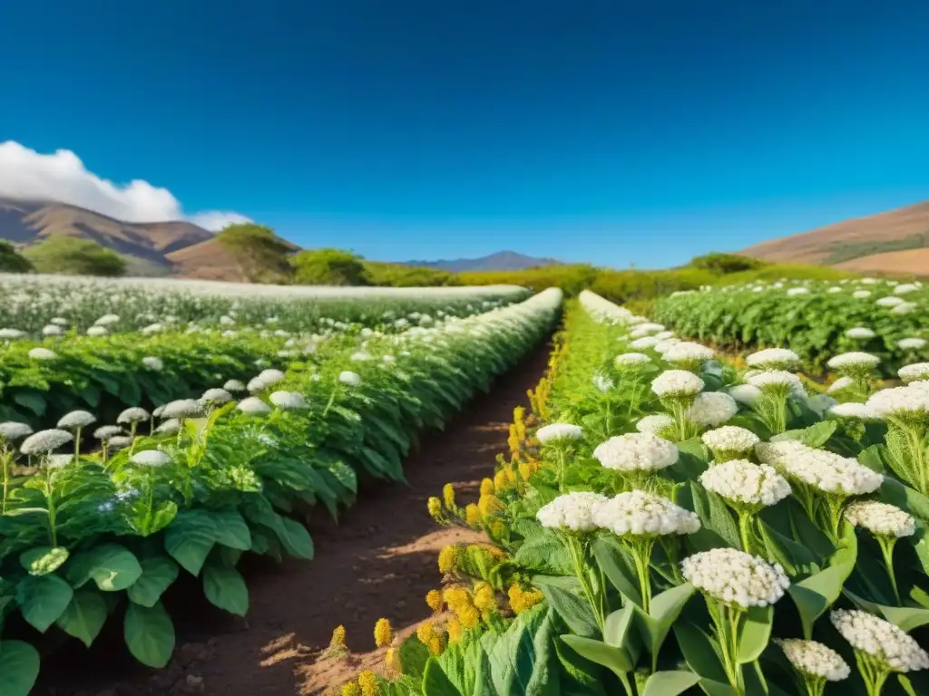 Un campo vibrante de cañihua enriquece la vista con sus hojas y flores detalladas bajo el sol brillante