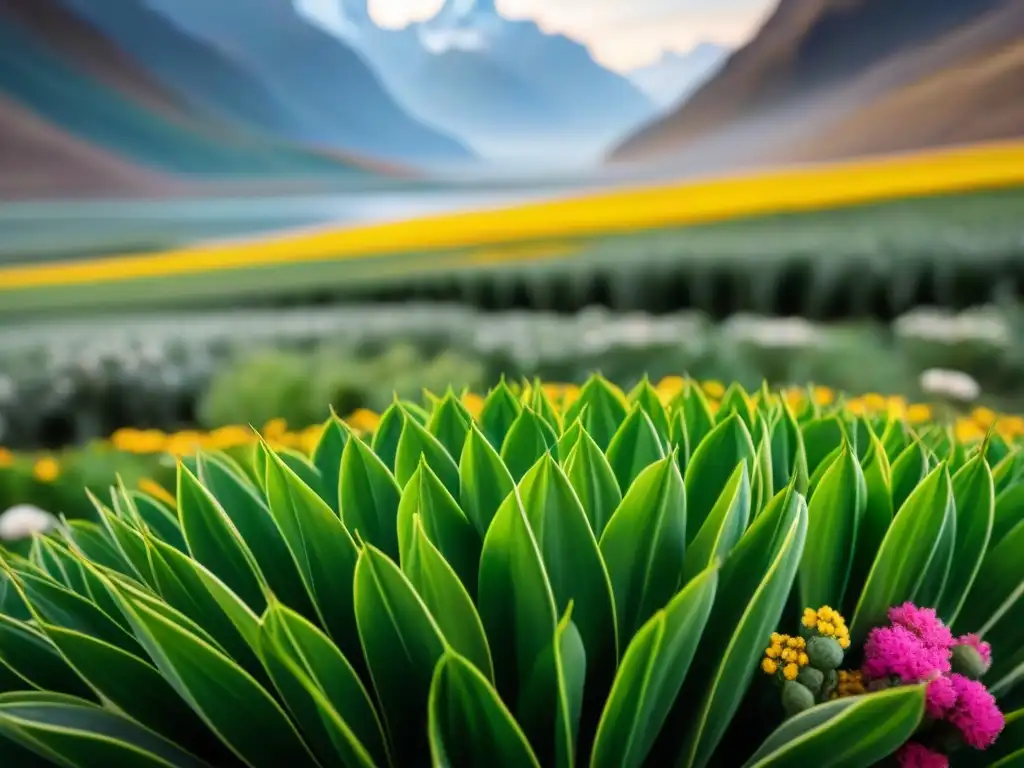 Campo vibrante de tarwi en flor con los majestuosos Andes de fondo