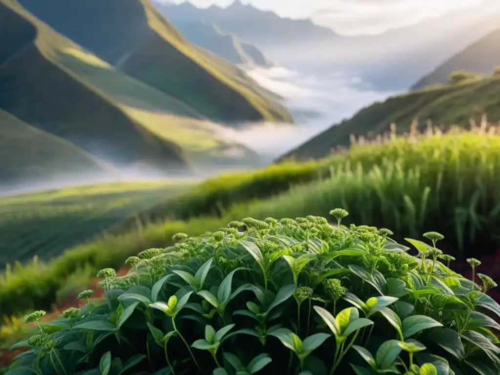 Un campo vibrante de hierba luisa peruana con delicadas flores púrpuras, luz cálida y montañas andinas al fondo