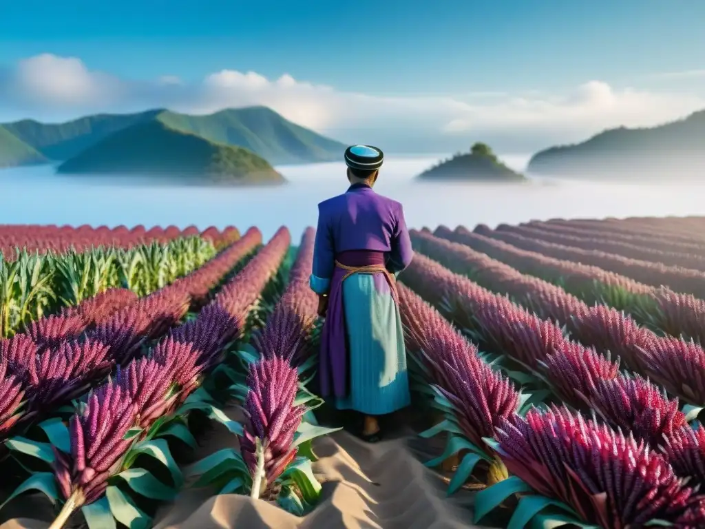 Campo vibrante de maíz morado con agricultores indígenas