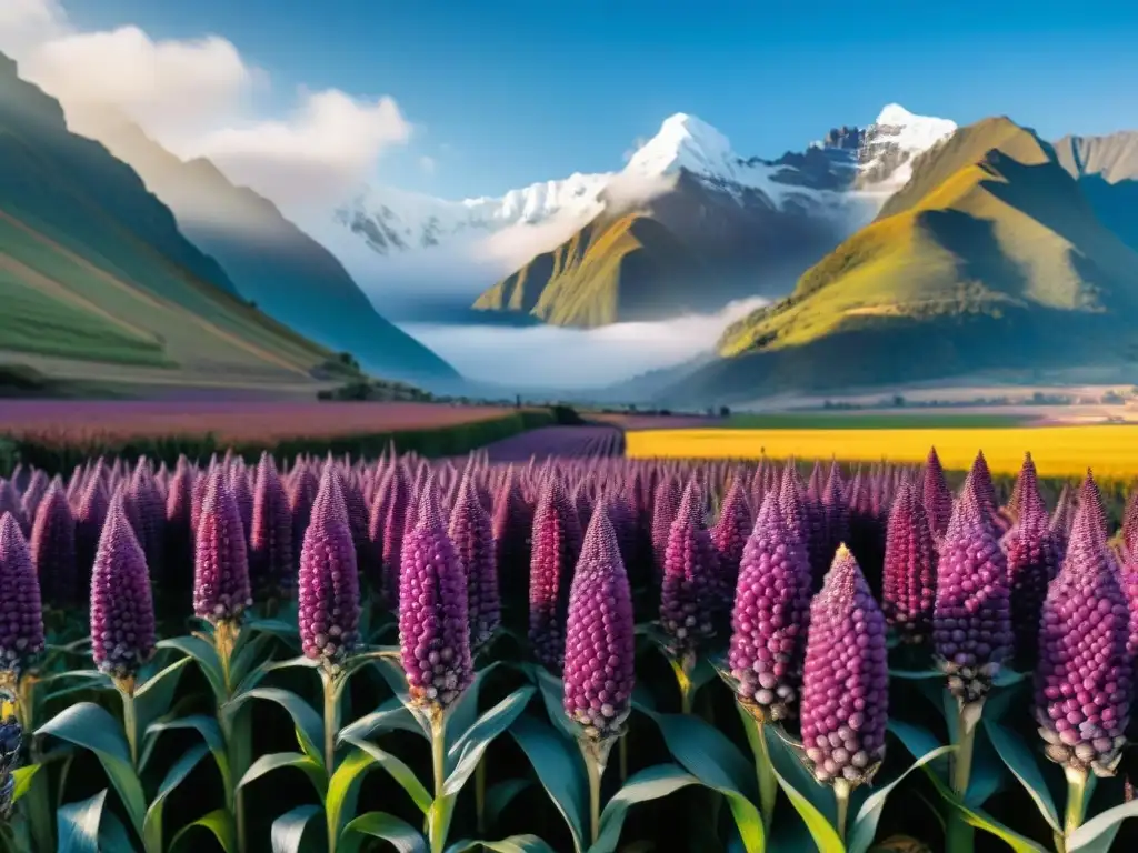 Campo vibrante en los Andes con maíz morado alto y exuberante, abejas polinizando