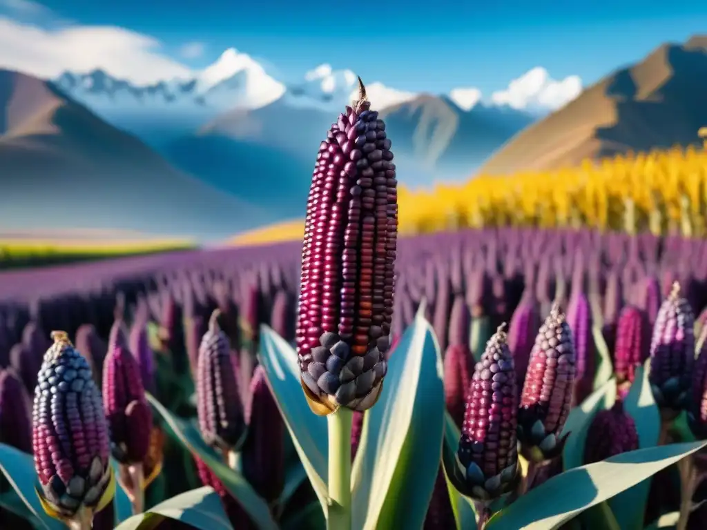 Campo vibrante de maíz morado en los Andes, con beneficios antioxidantes, montañas nevadas al fondo