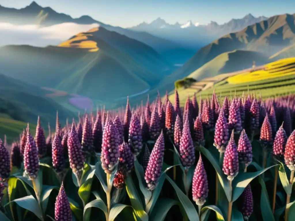 Campo vibrante de maíz morado bajo el sol peruano, con majestuosos Andes al fondo