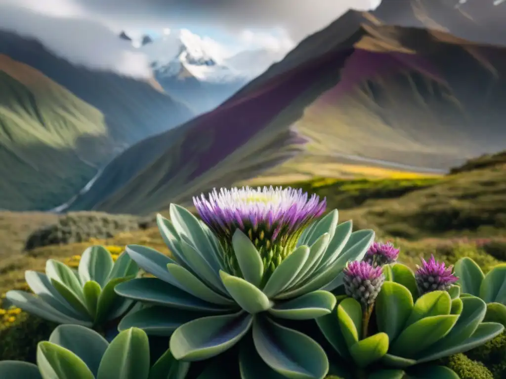 Campo vibrante de tarwi floreciendo en los Andes, destacando sus pétalos morados y blancos