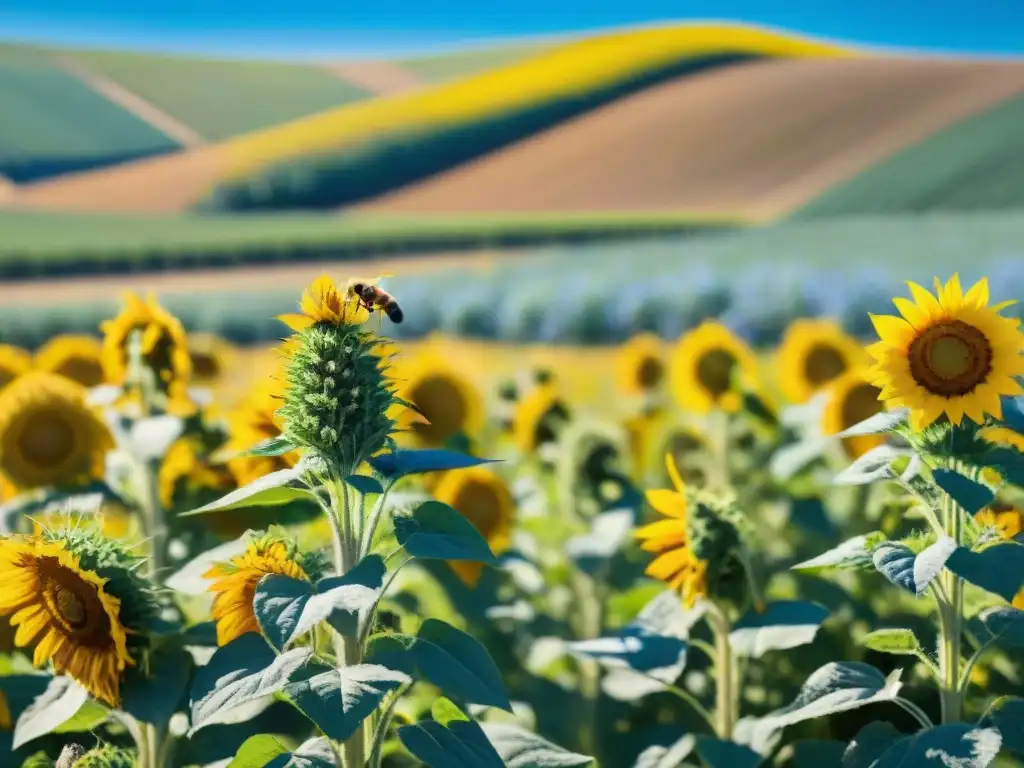 Un campo agrícola vibrante con polinizadores trabajando en armonía