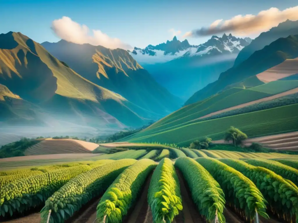 Un campo vibrante de quinua peruana con beneficios que se extiende hacia el horizonte, bajo el sol y las montañas de los Andes