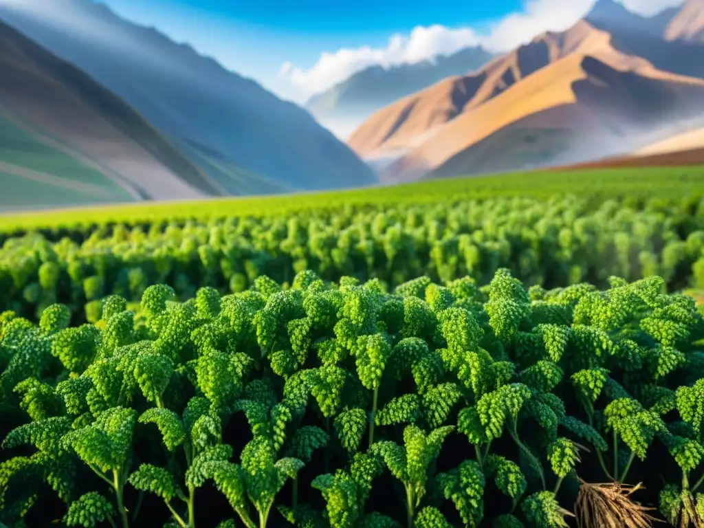 Un campo vibrante de quinua en los Andes, con plantas en filas bajo el cielo azul