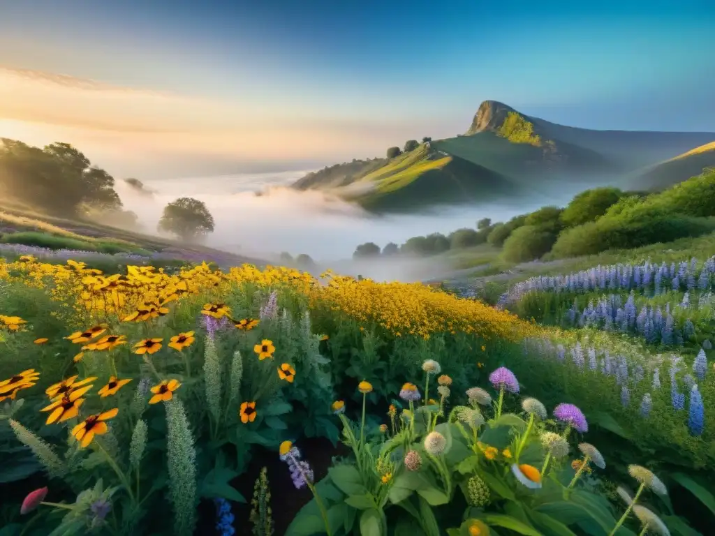 Un campo de vibrantes flores silvestres en plena floración, con abejas y mariposas polinizando