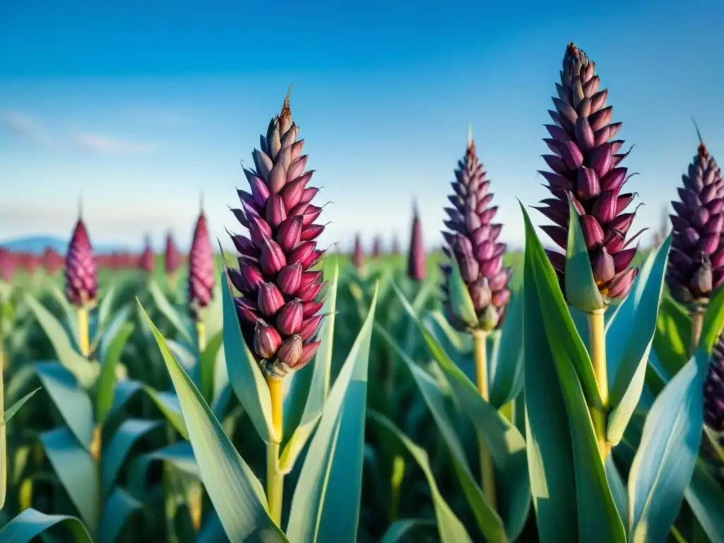 Campos de maíz morado en floración bajo el cielo azul