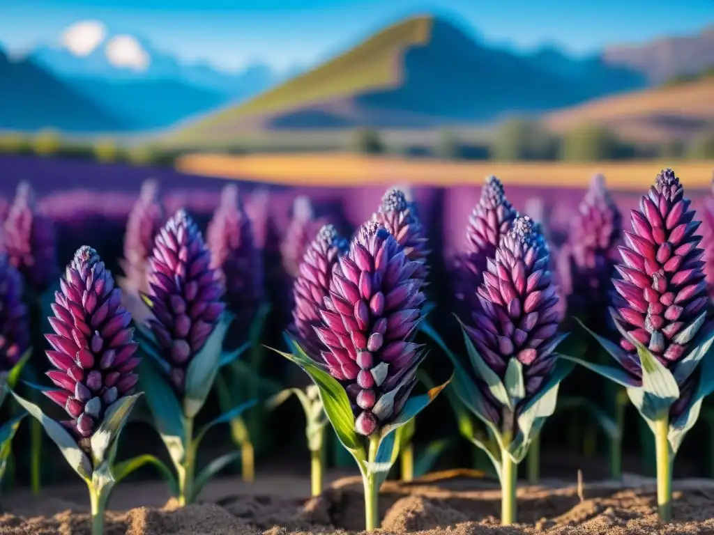 Campos de maíz morado vibrante con beneficios antioxidantes, Andes de fondo