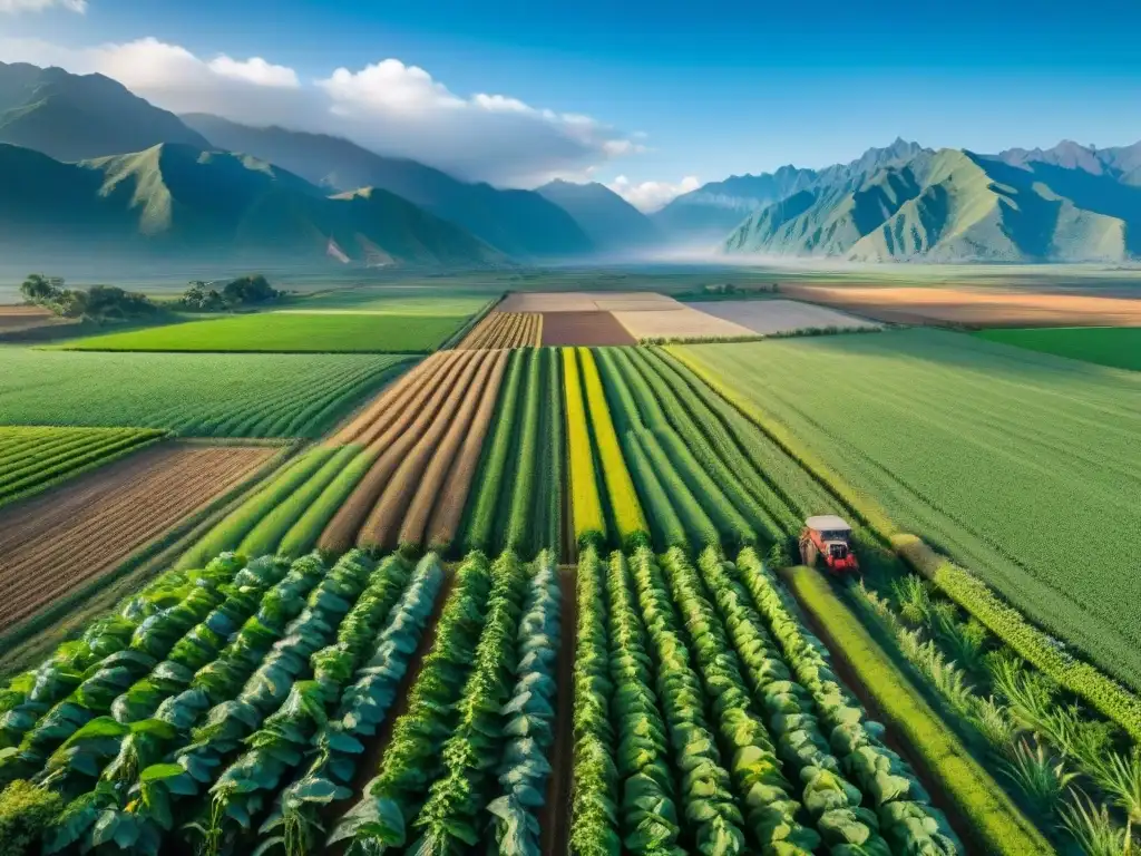 Campos verdes en armonía con montañas andinas, agricultura sostenible y tradicional