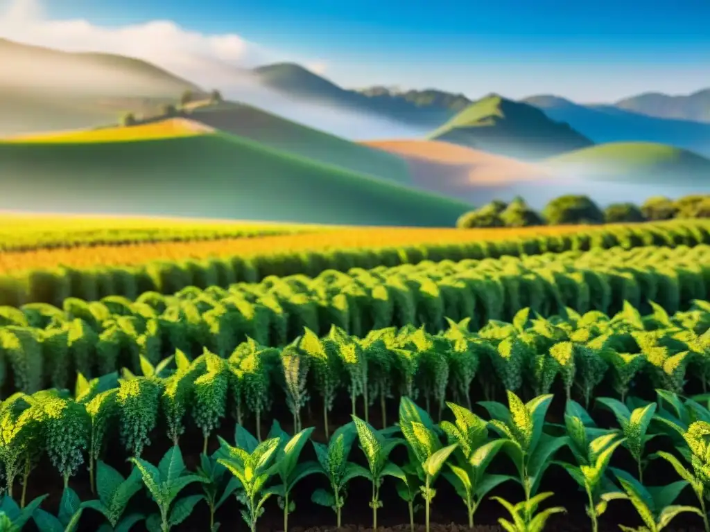 Campos vibrantes de kiwicha y quinoa, sus hojas, tallos y granos detallados bajo el sol