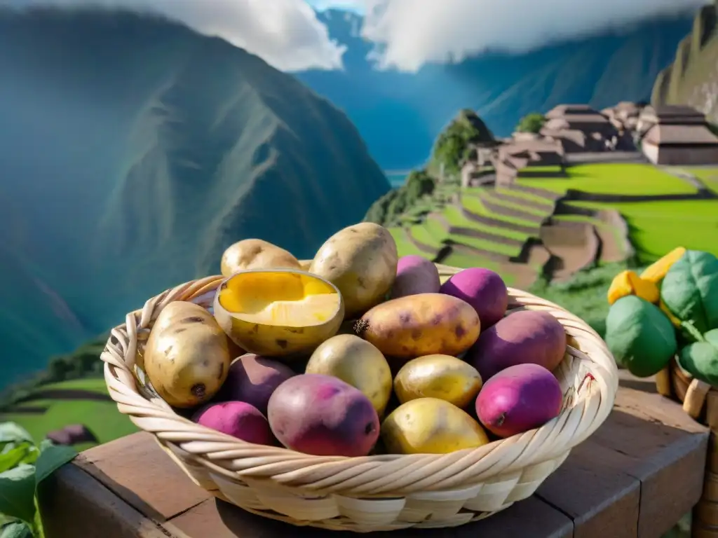 Canasta de papas nativas peruanas, diversidad de colores y texturas en las montañas andinas