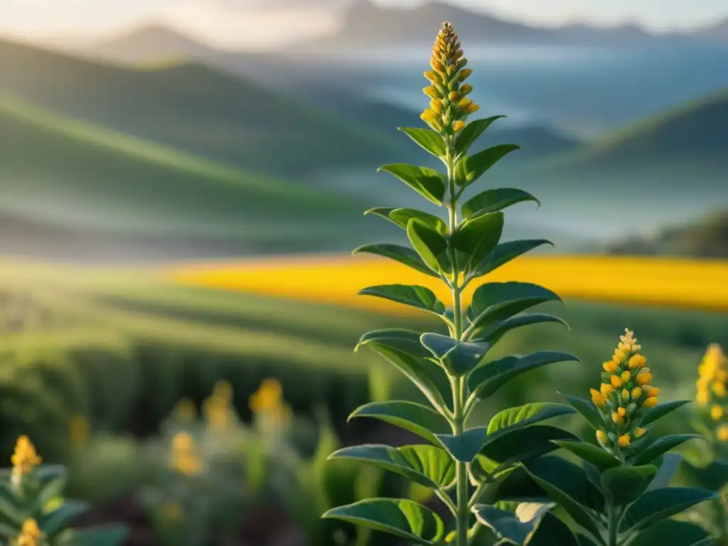 Un cañihua verde vibrante en un campo al atardecer