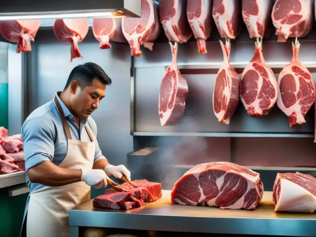 Un carnicero corta expertamente carne en un mercado tradicional de Lima