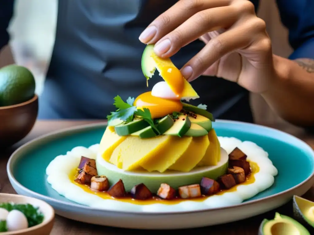 La evolución de la causa limeña: un plato de resistencia con capas vibrantes y detalladas, creado por un chef peruano tradicional