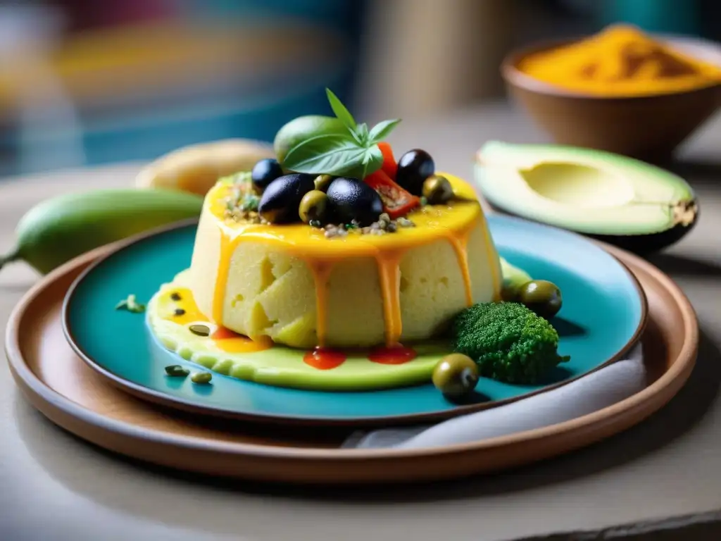 Una Causa Rellena peruana, colorida y deliciosa, en un mercado de Lima