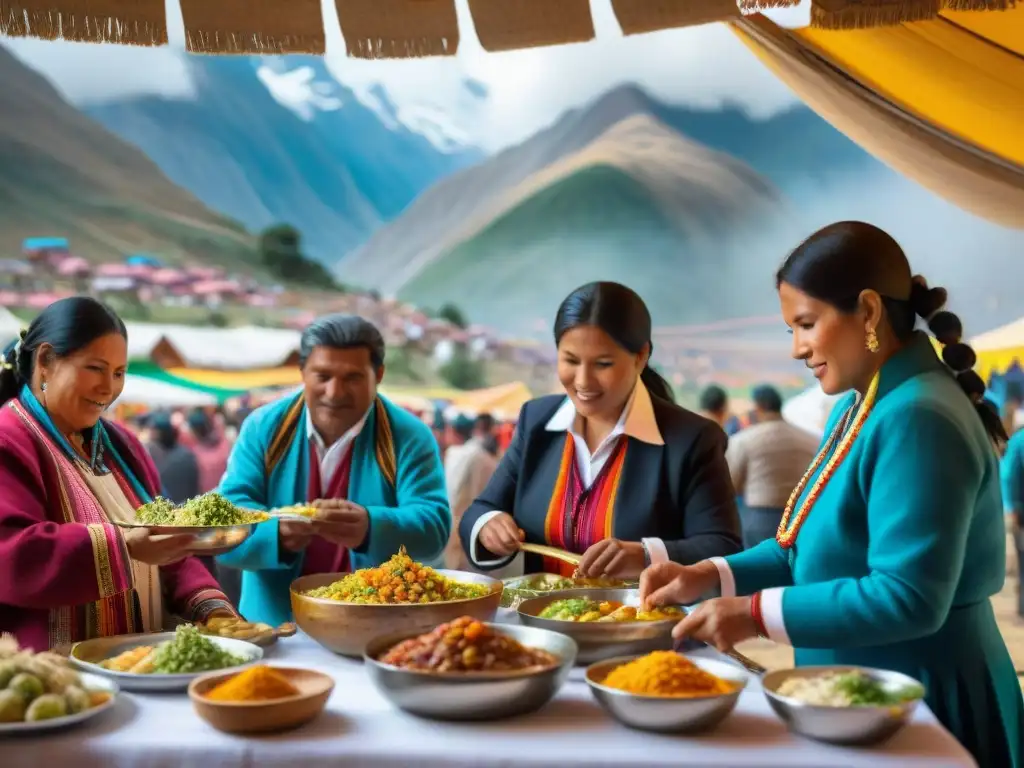 Una celebración culinaria tradicional peruana en Huaraz, con colores vibrantes y gente disfrutando de la gastronomía