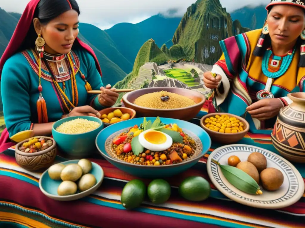 Una celebración de la Dieta de los Incas en Perú: un festín tradicional rodeado de textiles coloridos y descendientes Incas compartiendo una comida