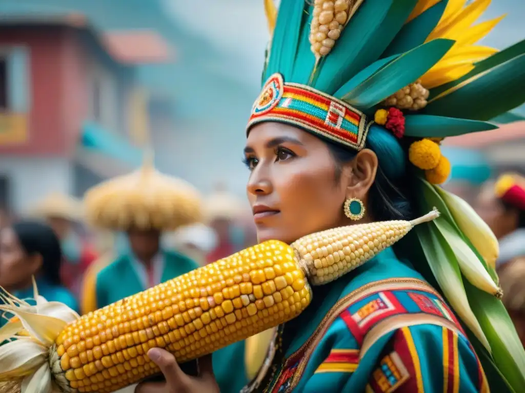 Celebración festiva en Perú resalta la Importancia del maíz en su cultura, con trajes coloridos y tocados de hojas de maíz