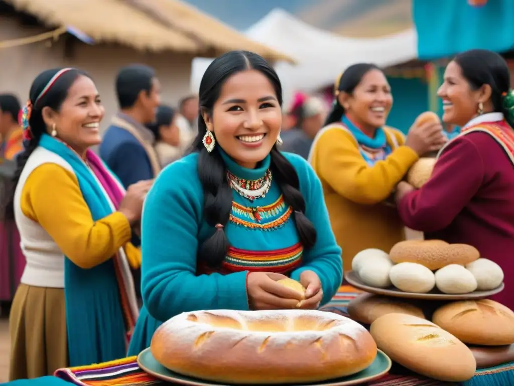 Celebración festiva en Perú con variedades de pan andino y música andina de fondo