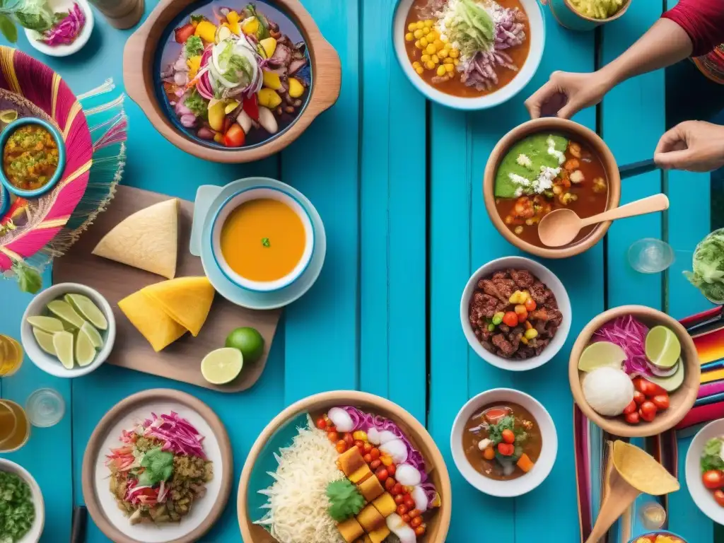 Una celebración peruana llena de comida variada y colorida, donde personas de todas las edades comparten risas y platos típicos