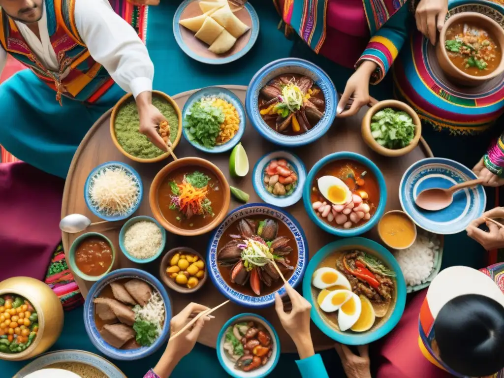 Una celebración peruana llena de platos peruanos para fiestas, música y coloridas decoraciones, rodeados de tradición