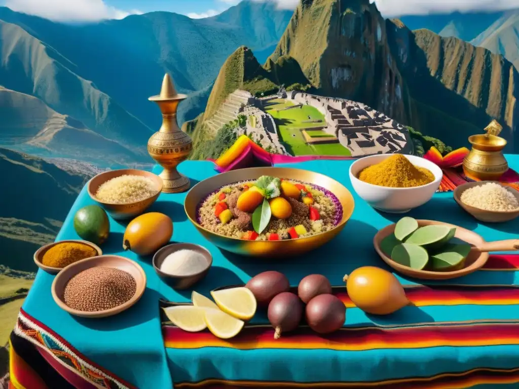 Celebración de Rituales Gastronómicos Antiguos Perú en festín inca con platos coloridos y personas vestidas de forma tradicional en los Andes