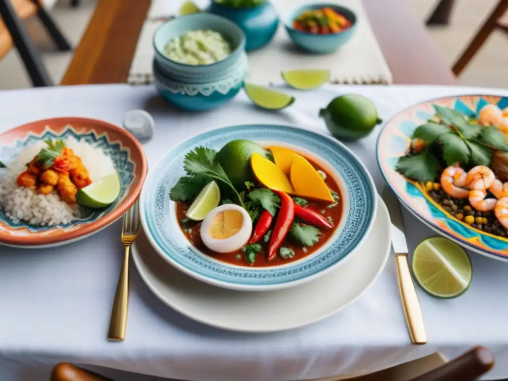 Decoración cena pescados mariscos estilo peruano en mesa elegante con textiles y vajilla colorida