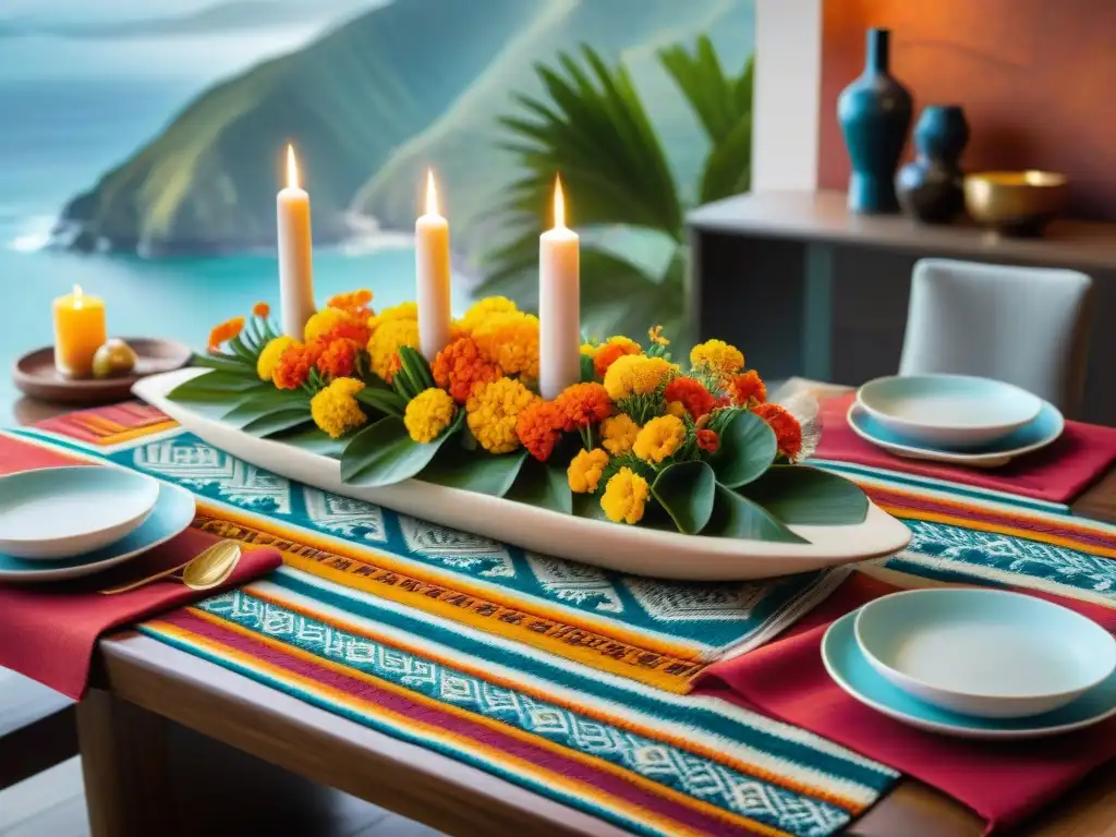 Decoración cena pescados mariscos estilo peruano en mesa elegante con textiles vibrantes y cerámica tradicional